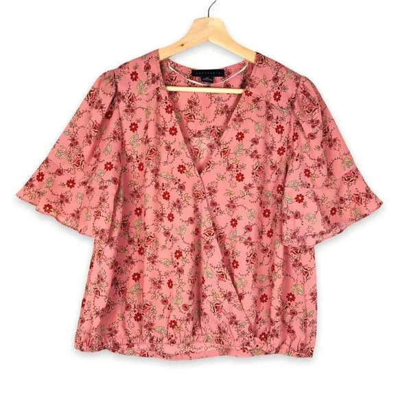 Sanctuary Pink Floral Faux Wrap Top  Size Medium Petite - Picture 2 of 7